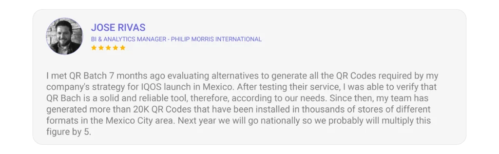 QR Batch testimonial Review that says it is a solid and reliable tool for bulk QR Code generation