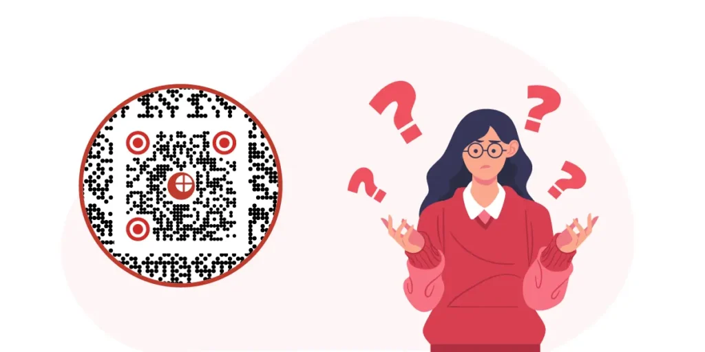 A puzzled woman next to a circular QR Code.