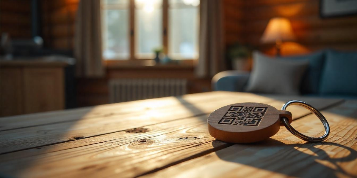 An Airbnb QR Code engraved on a wooden keychain.