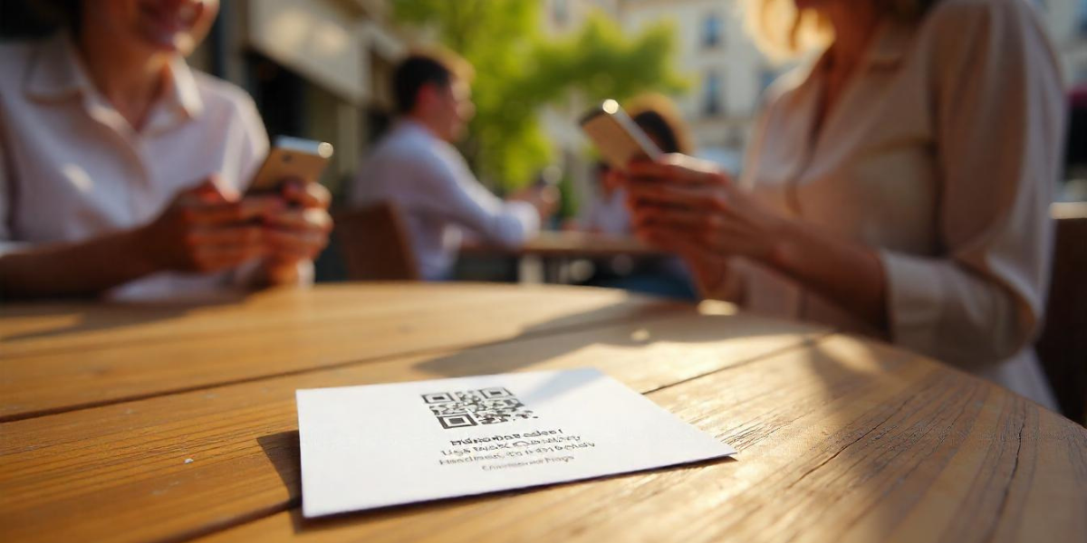 A QR Code business card kept on a wooden surface.