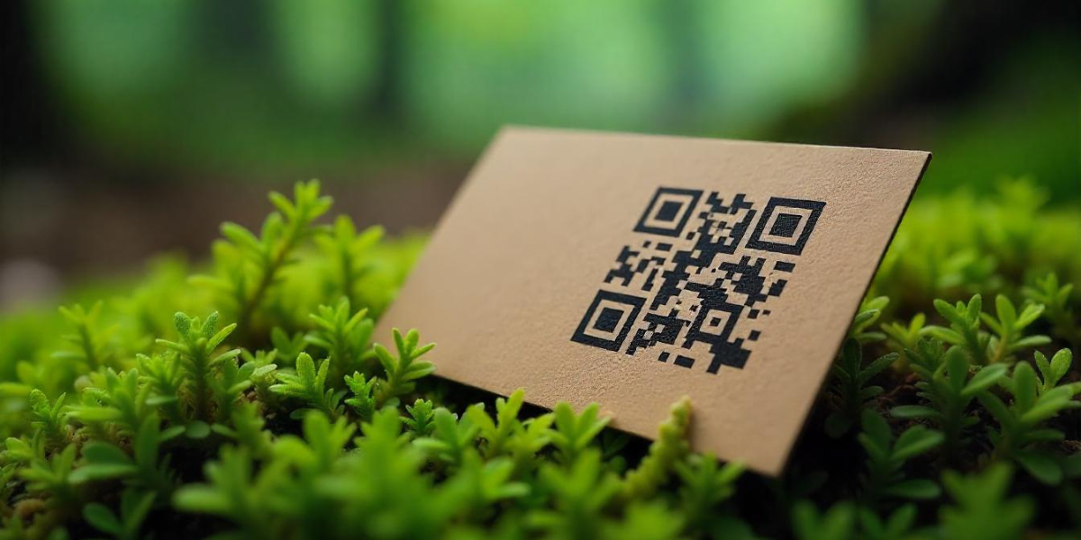 A QR Code business card on a park bench.