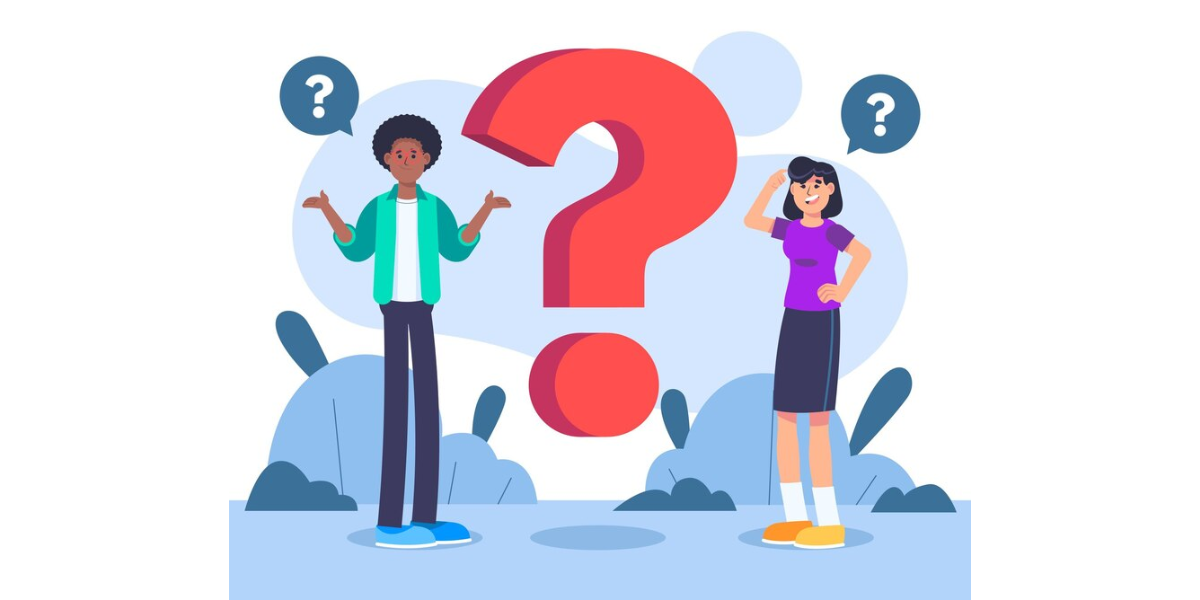 Two people standing on either side of a blog red question mark.