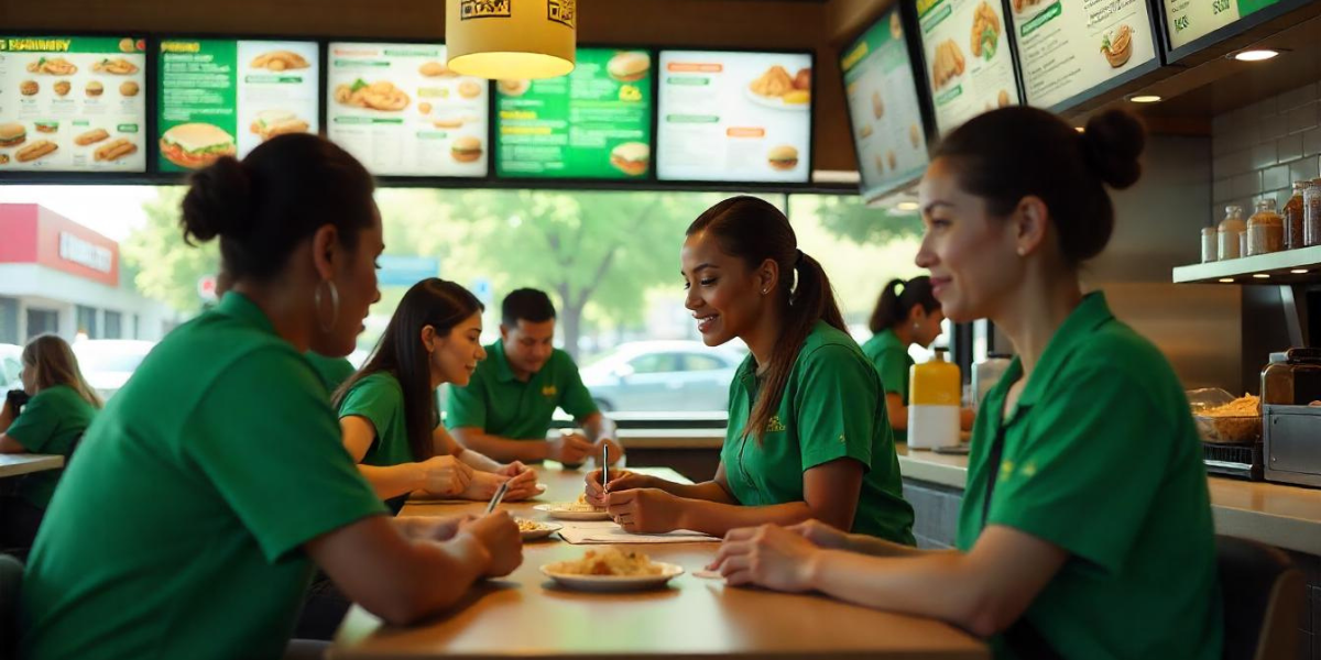 Subway staff interacting with each other.