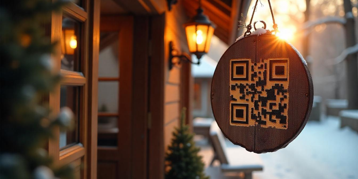 A QR Code imprinted on a wooden block, hanging outside a shop.