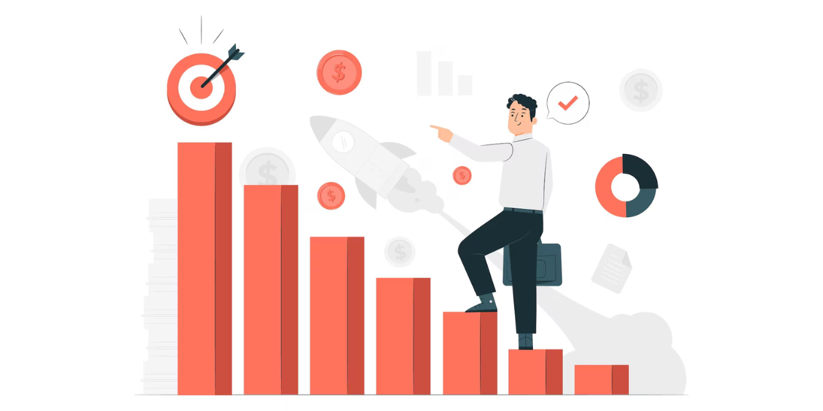 a man stepping up on graph like structure, going towards a target