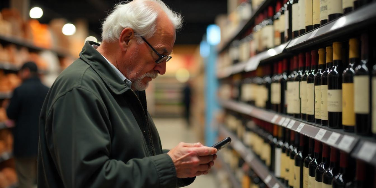 An old man using his phone to scan QR Code on bottle.