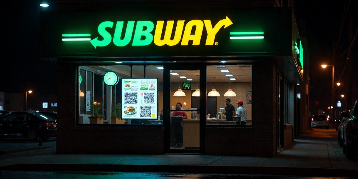 A Subway restaurant, in the night time.