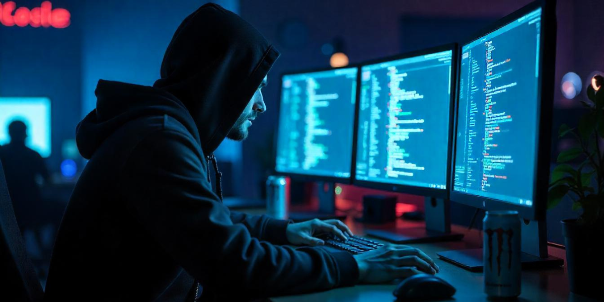 A man using his computer with multiple screens.