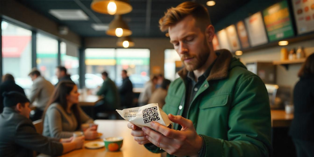 A man looking at a food packaging with a Subway QR Code on it.