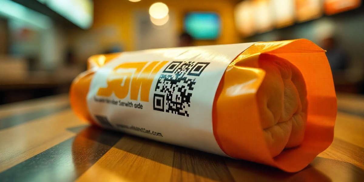 A Subway food packaging wrap with a QR Code on it.