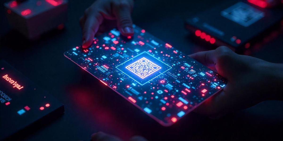 A QR Code engraved on a black metal card.