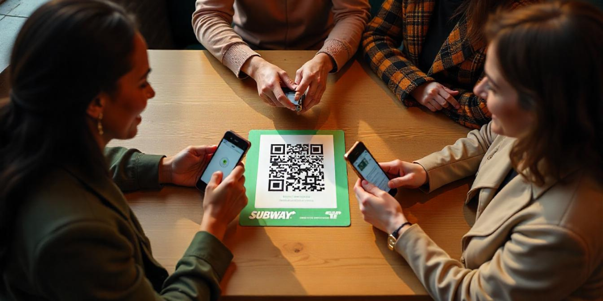 Few people sitting inside a Subway restaurant at the table, with a Subway QR Code on it.