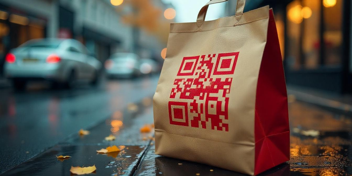A paper bag with a red colored QR Code.