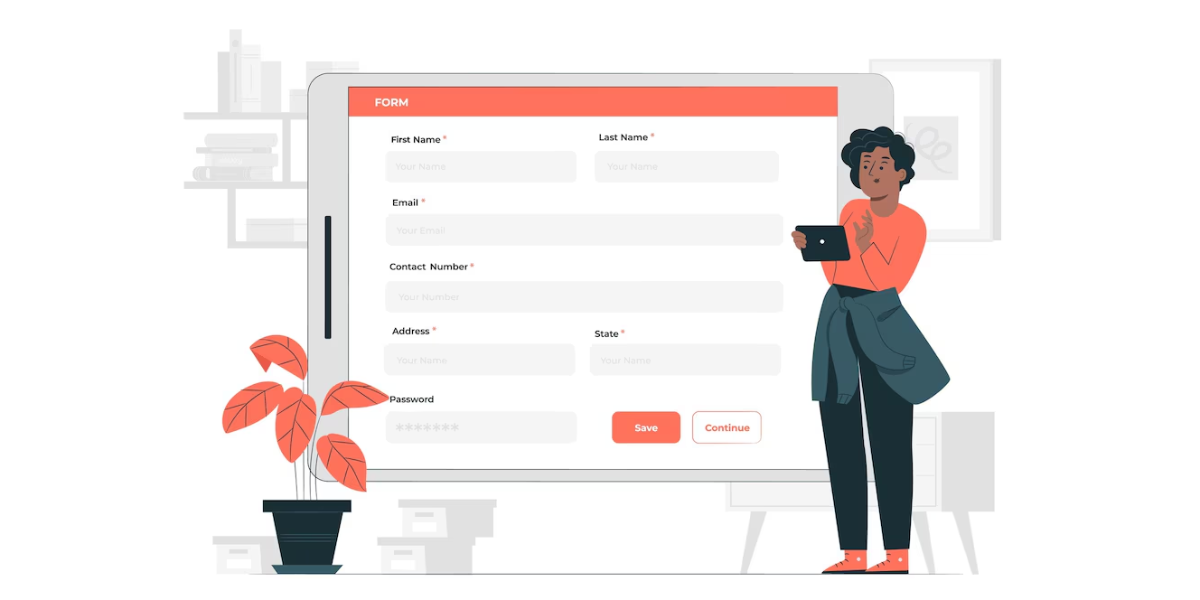 Illustration of a girl standing beside a huge Google Form.