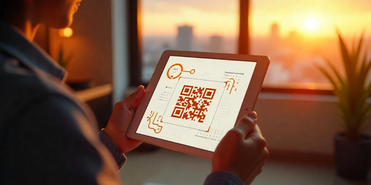A man holding a tablet with a QR Code on it.