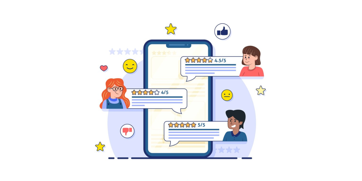 few floating icons of people with reviews on a mobile screen