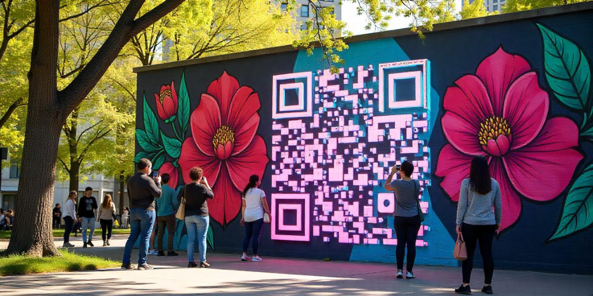 People near a QR Code mural, learning about QR Code basics.