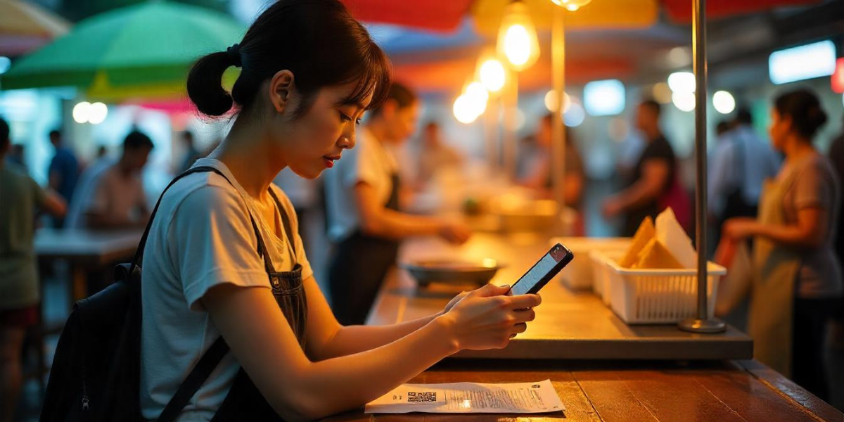 A woman interacting with her phone at an eatery.