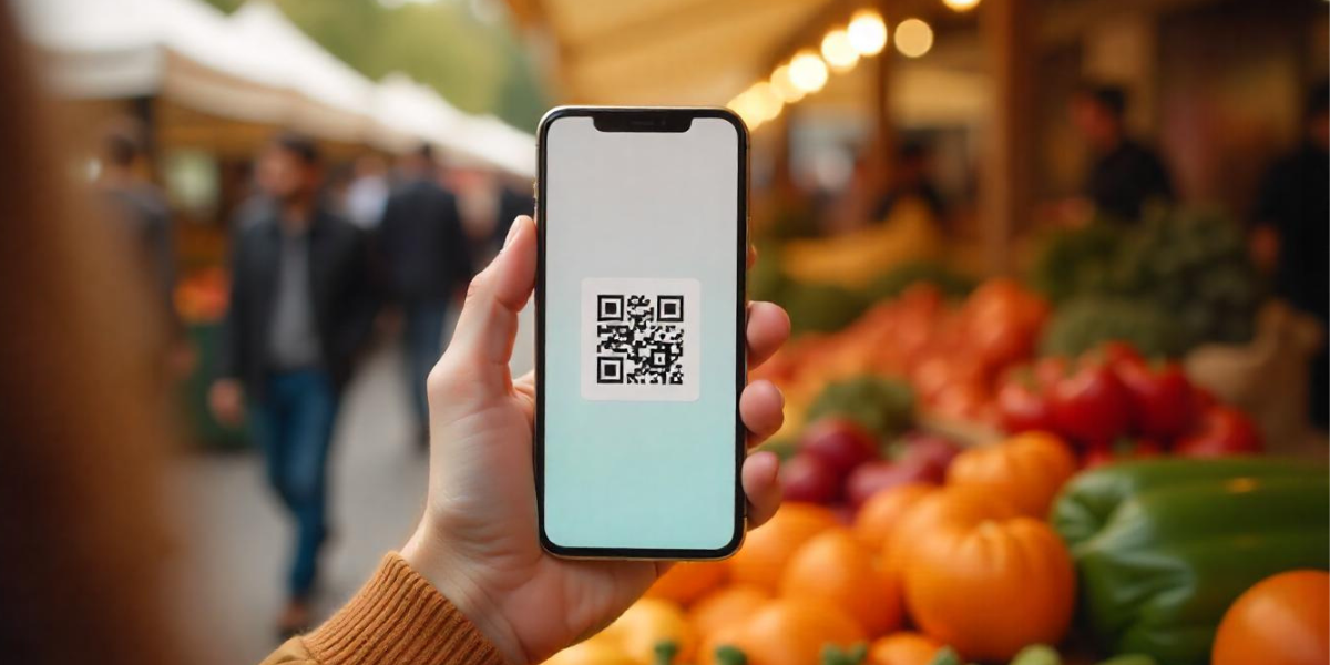 An illuminated QR Code sign in an alleyway.