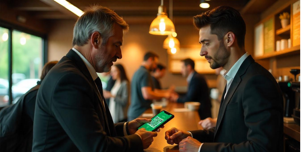 Two men wearing business suit in a Starbucks.