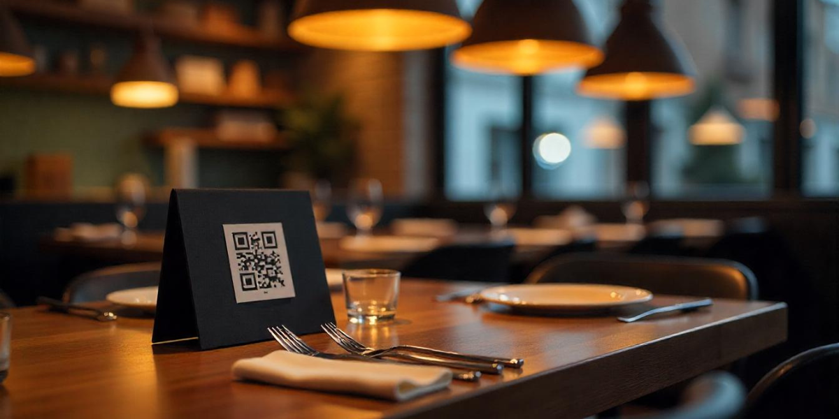 A QR Code table tent at a restaurant table.