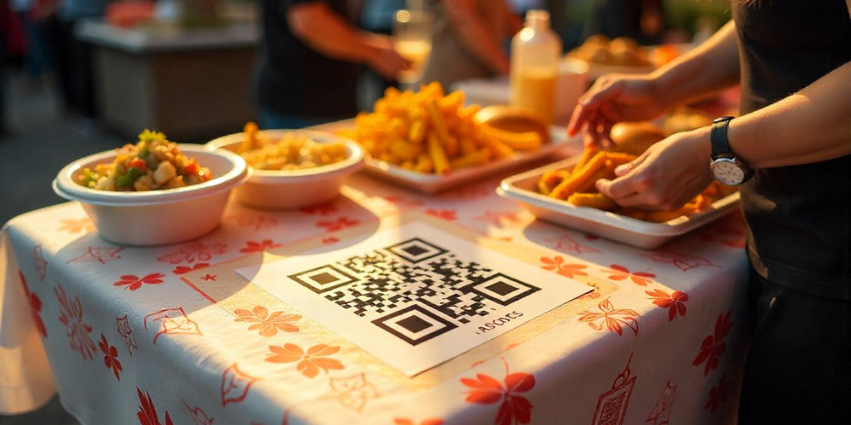 A QR Code on a sheet of paper, affixed on a table with food.