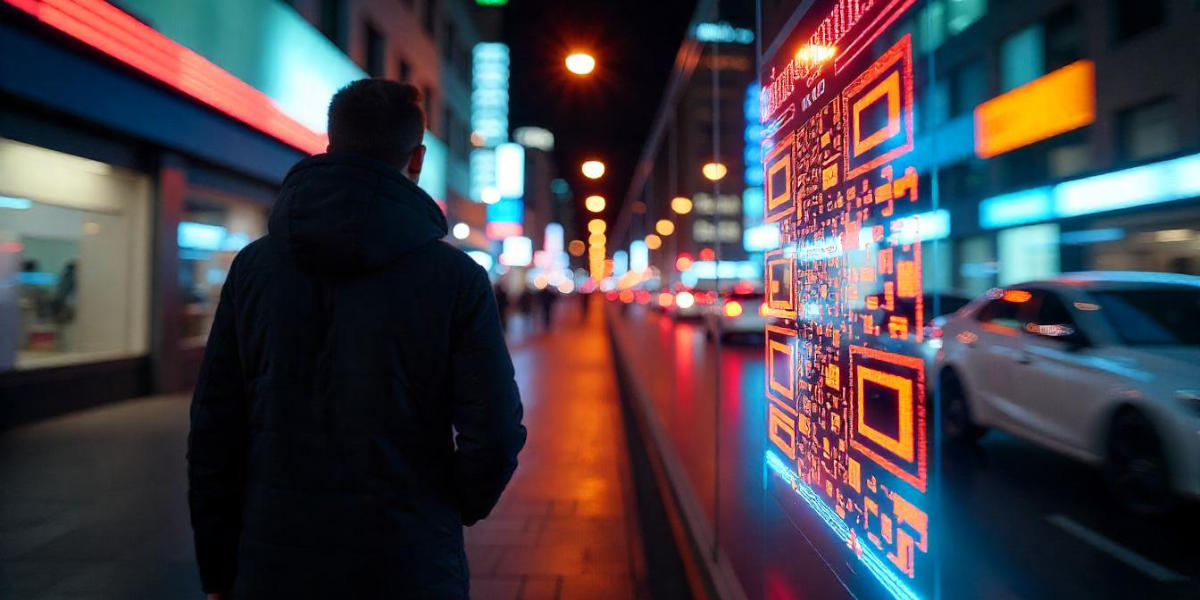 An illuminated QR Code on a wall in a dimly lit alley.