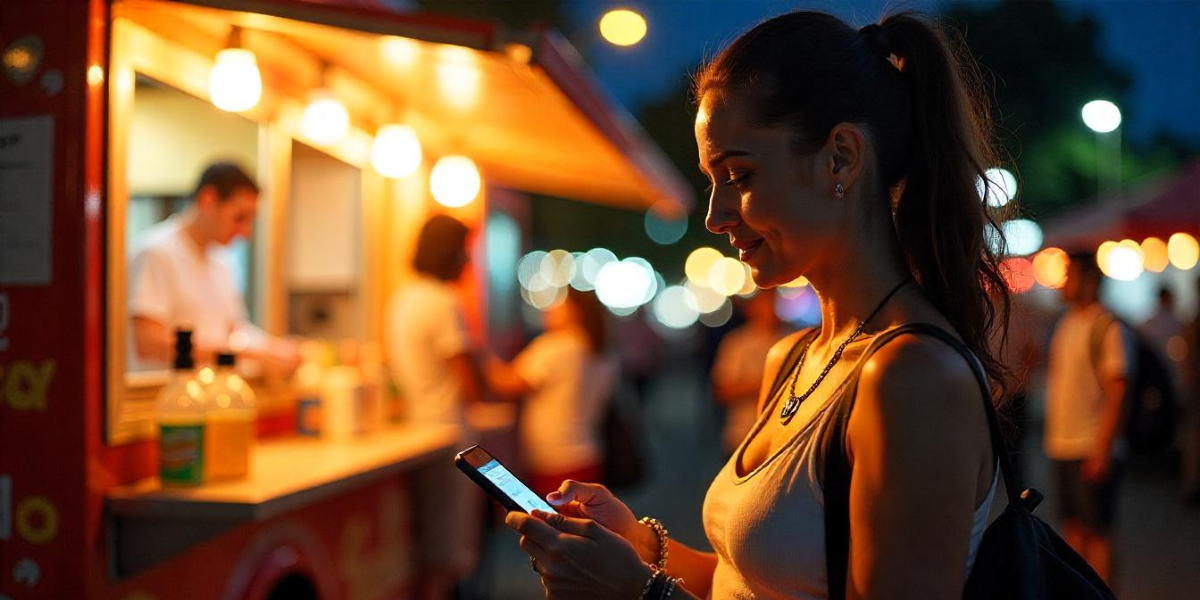 A woman using her phone near a food truck.