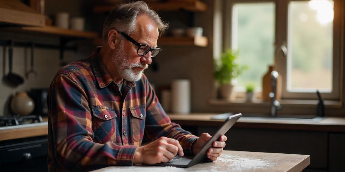 A middle aged man working on his laptop.