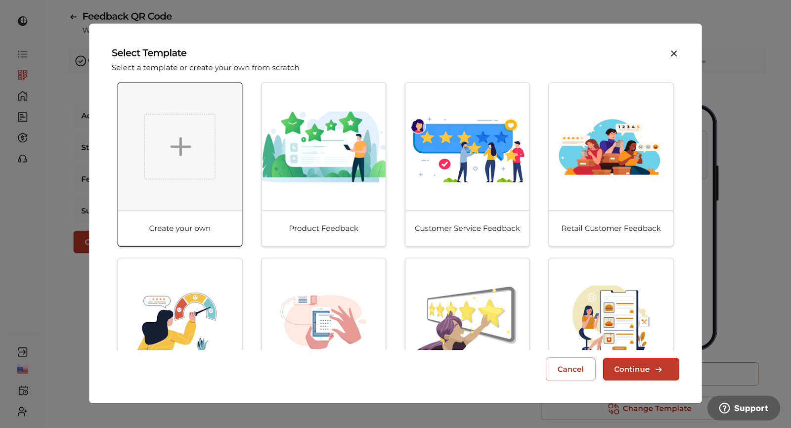 Scanova's Select Template option for review QR Code category which offers QR Code creation for google review qr codes.