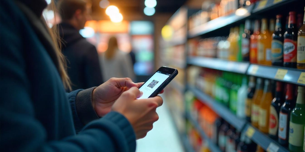 A person using his phone with a QR Code displayed on screen.