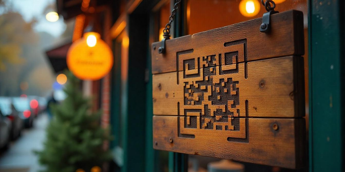 A QR Code for enterprise businesses carved on a wooden signage.