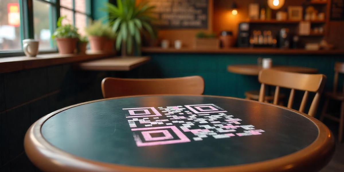 A QR Code on table at a cafe.