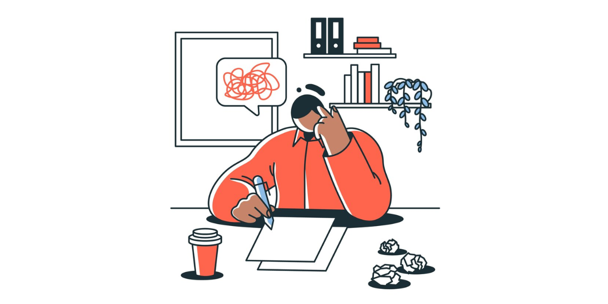 a person thinking and writing on a blank page