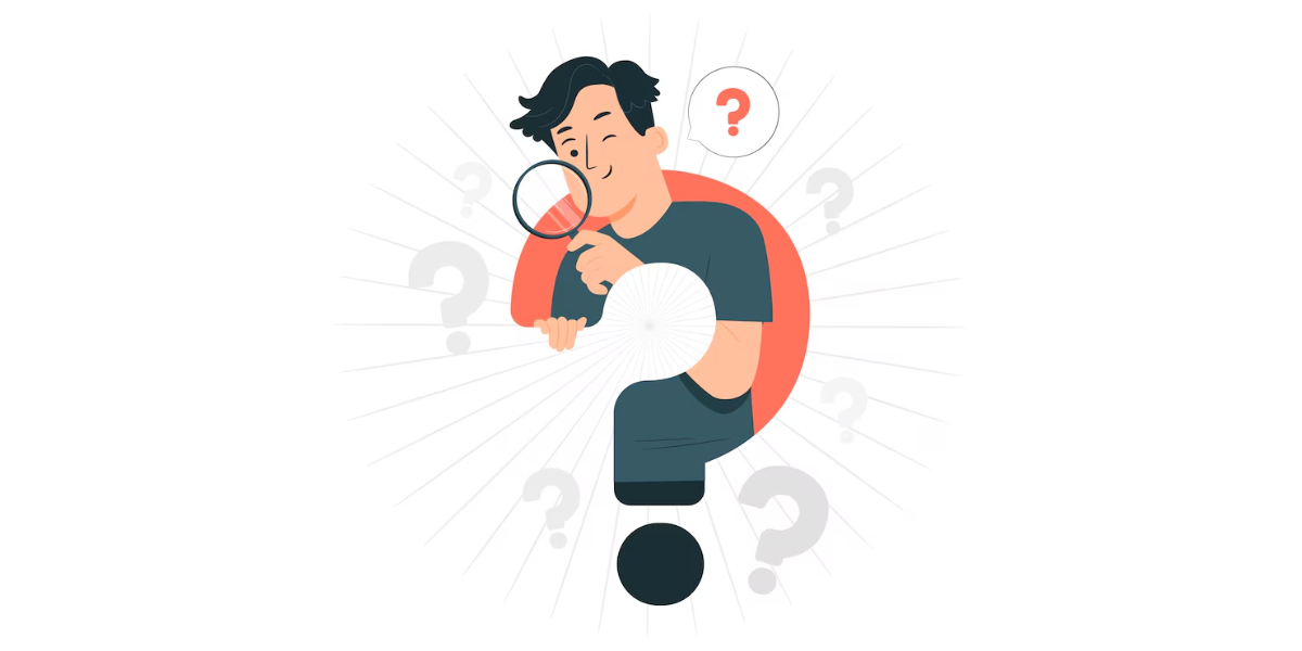 A person holding a magnifying glass with a questionmark thought bubble.