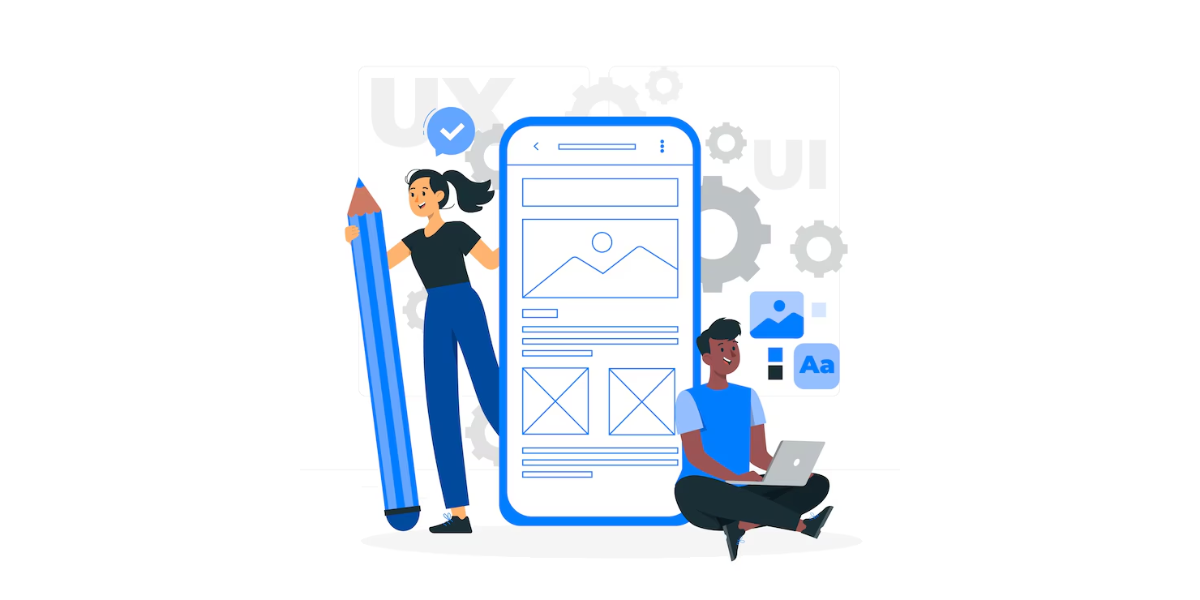 a man and a woman near a giant mobile phone with various illustrations