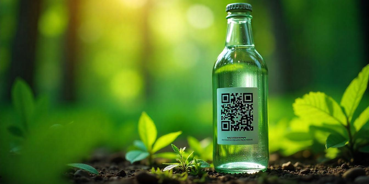 A QR Code on a glass water bottle.