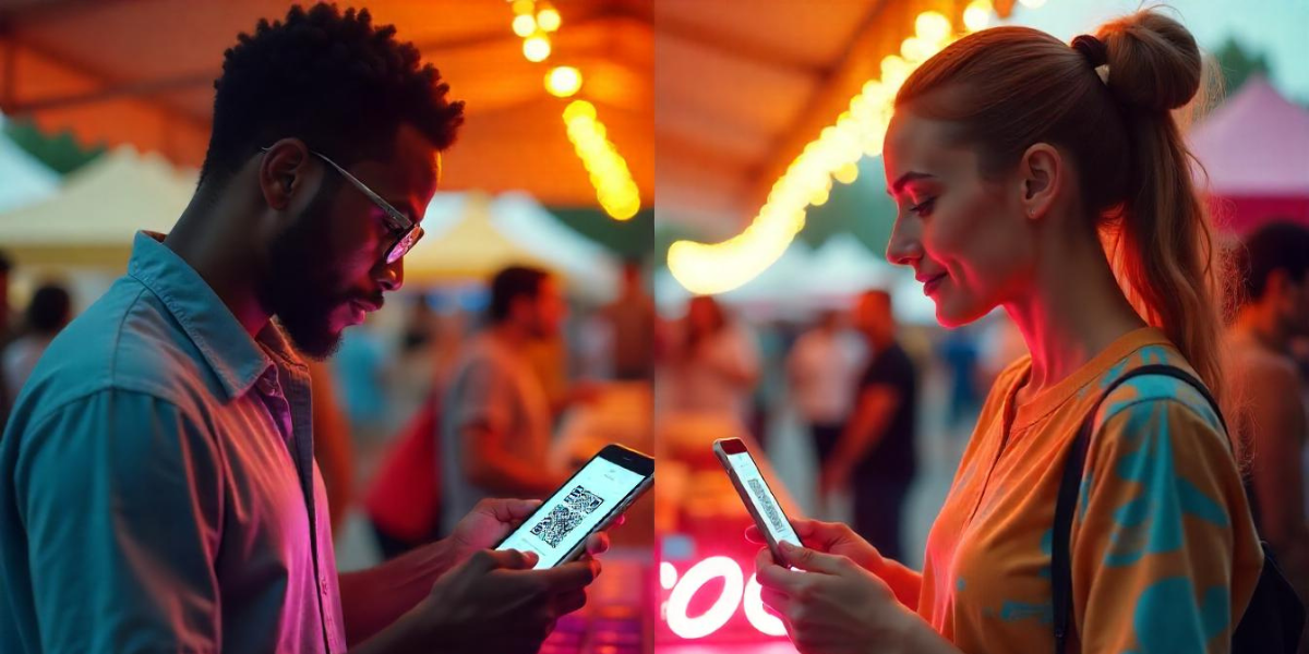 A man and a woman interacting with a Zelle QR Code.