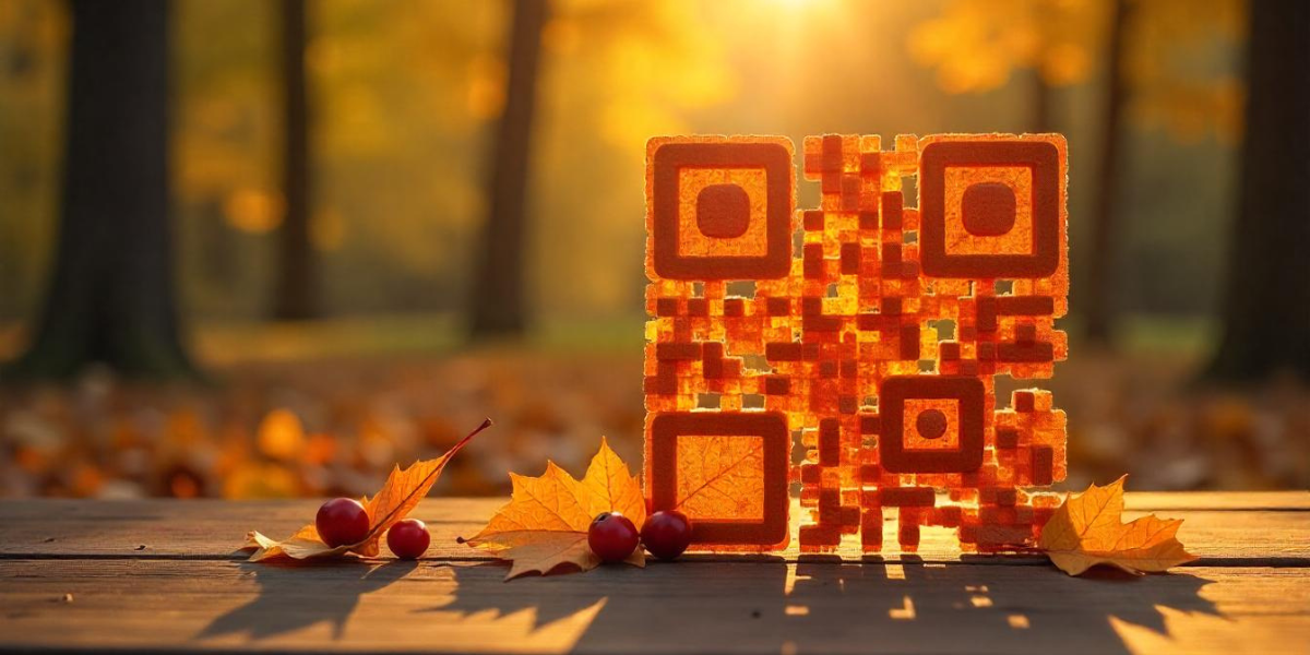 A fancy QR Code outside on a bench, in a forest.