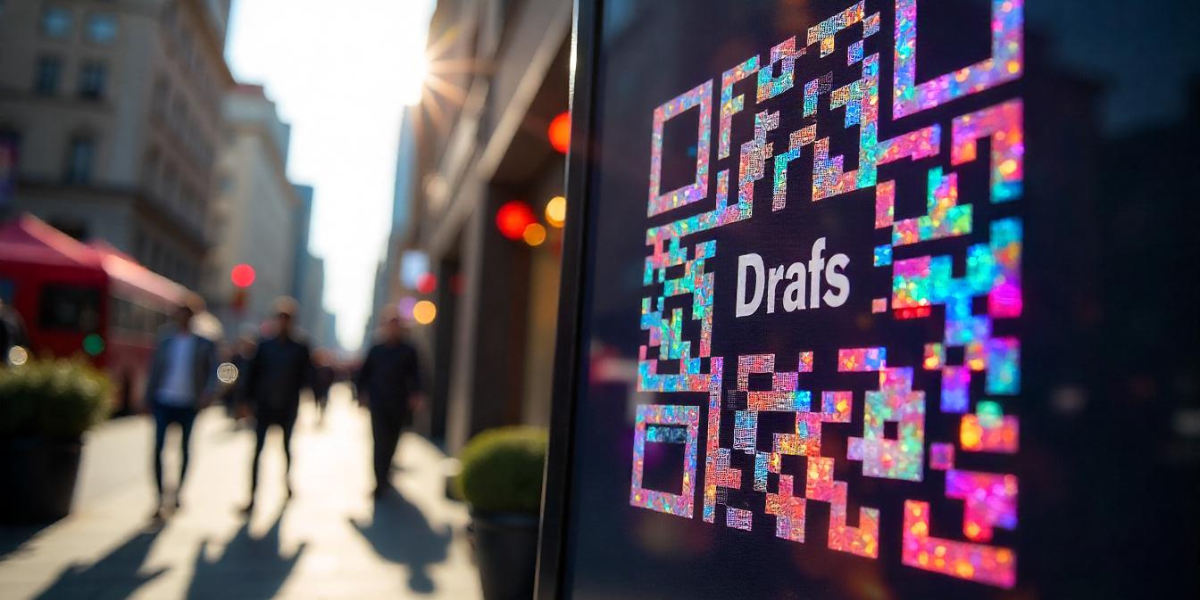 A Colorful QR Code out in the public space, on a digital screen.