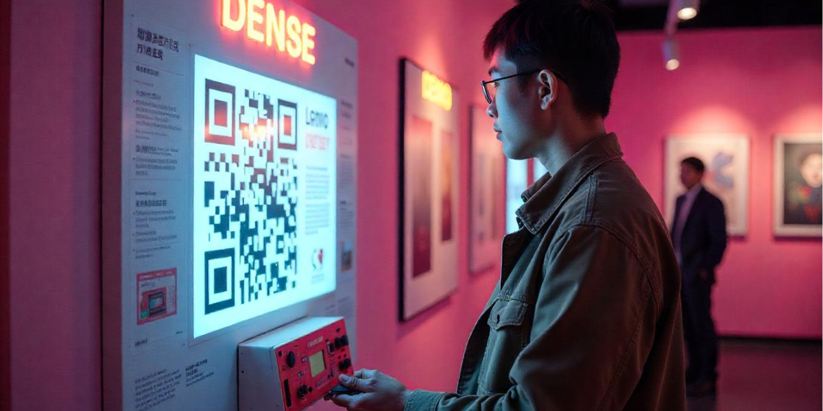 A man watching a QR Code on an interactive screen.