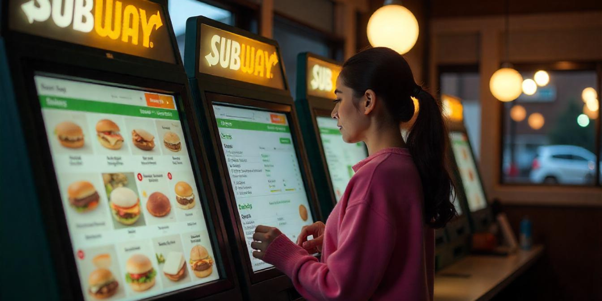 A woman ordering food from a Subway kiosk.