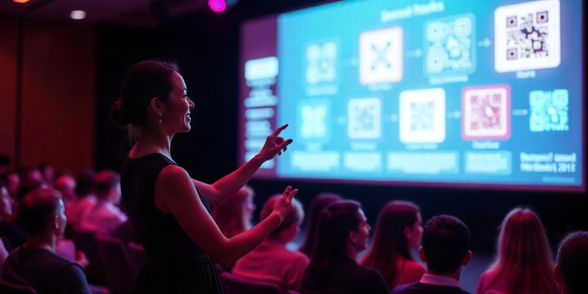 A woman holding a business card with a QR Code on it.