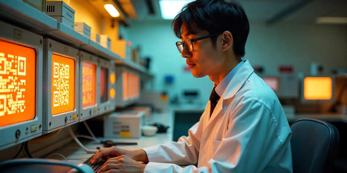 A man working on a computer with QR Codes on the display.