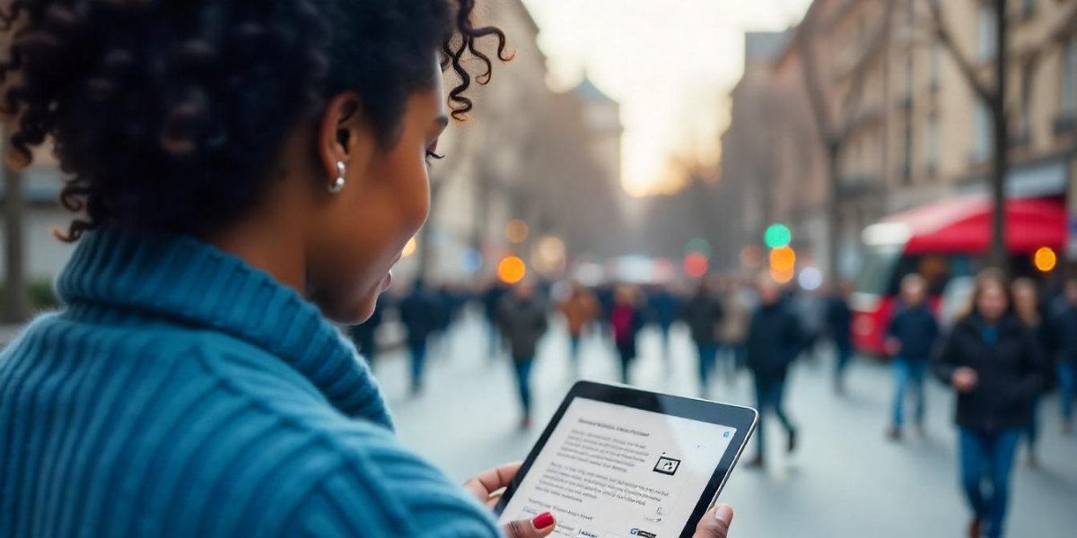 A woman reading content on her tablet.