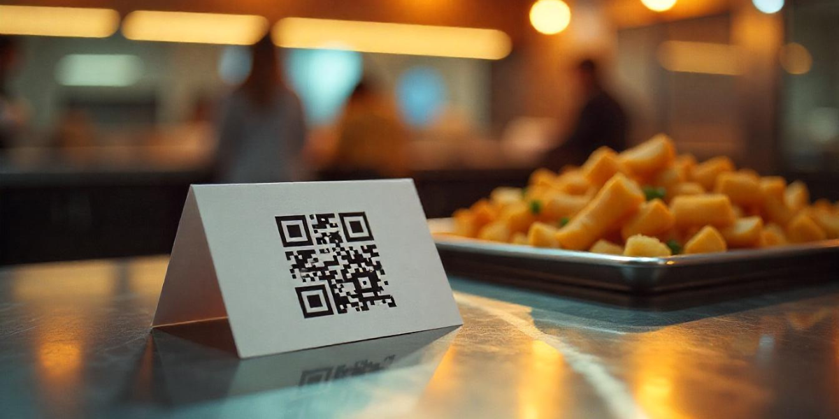 A white table tent QR Code.