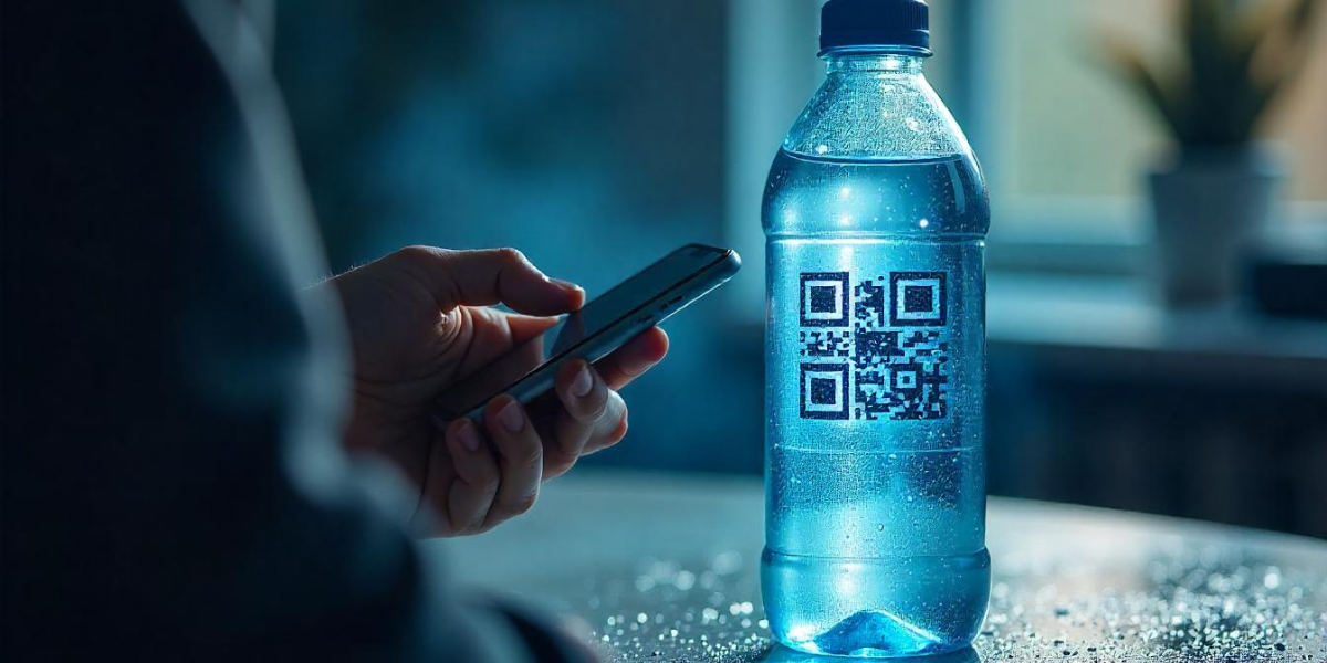QR Code on bottle with a man using his phone nearby.