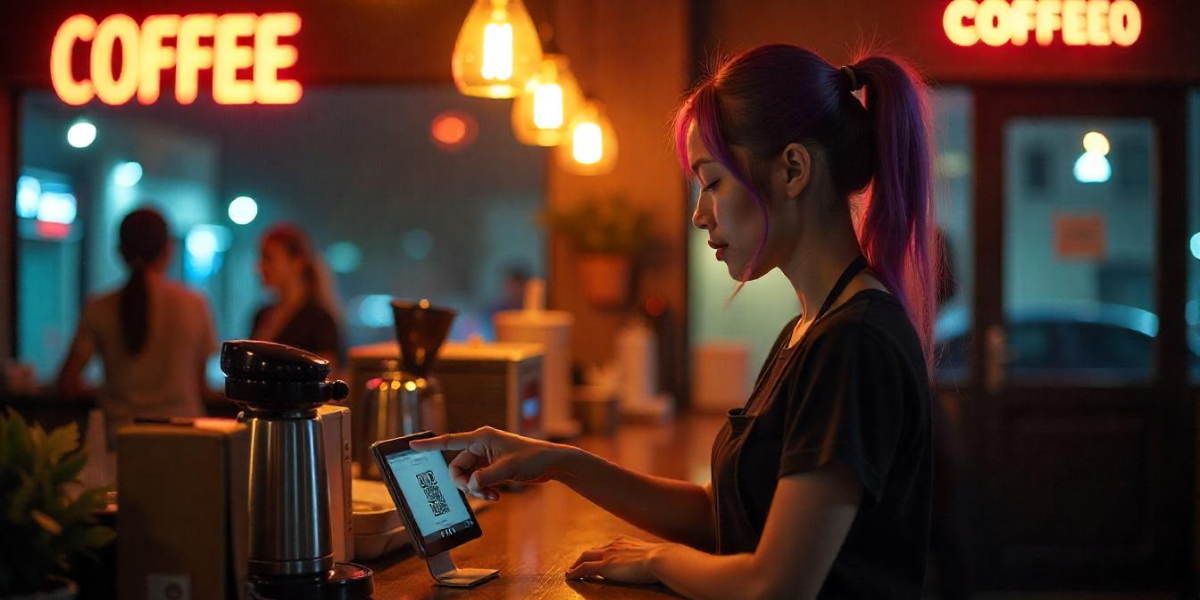 A woman setting up her QR Code for small businesses at a pub.