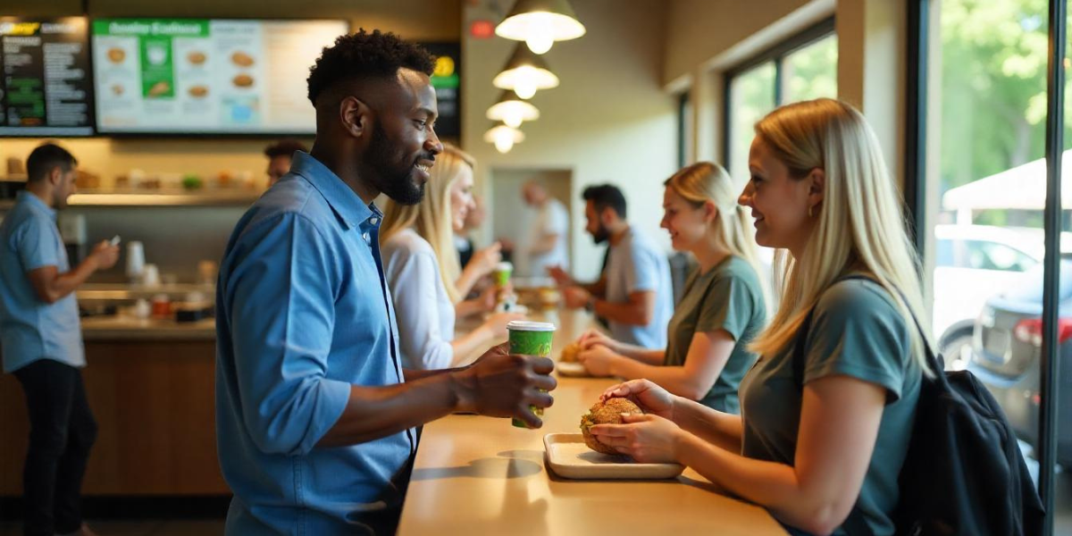 A Subway server interacting with a customer.