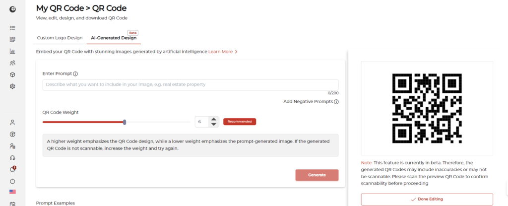 AI Generation feature of Scanova's AI QR Code generator.